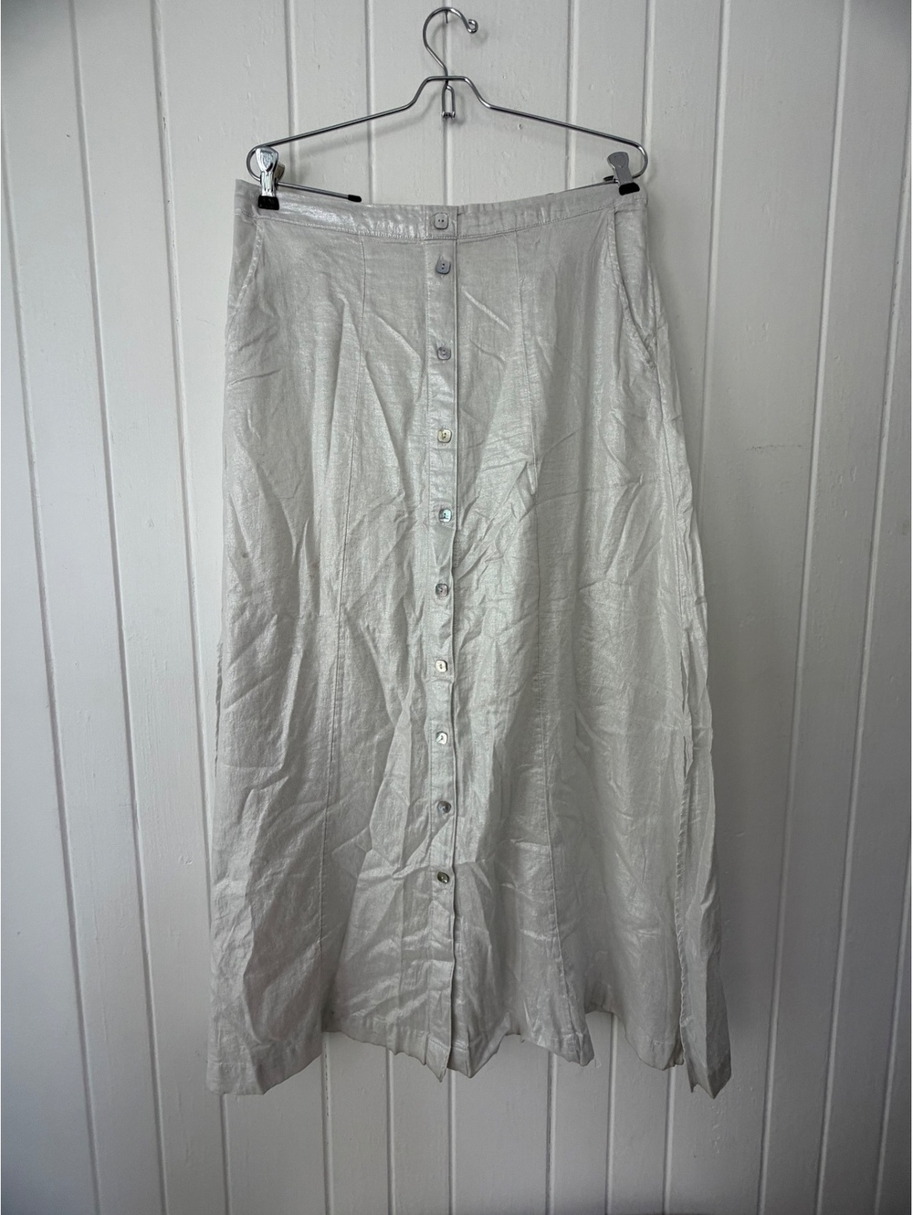 White Button-Front Maxi Skirt with Elastic Waistband, Size Medium